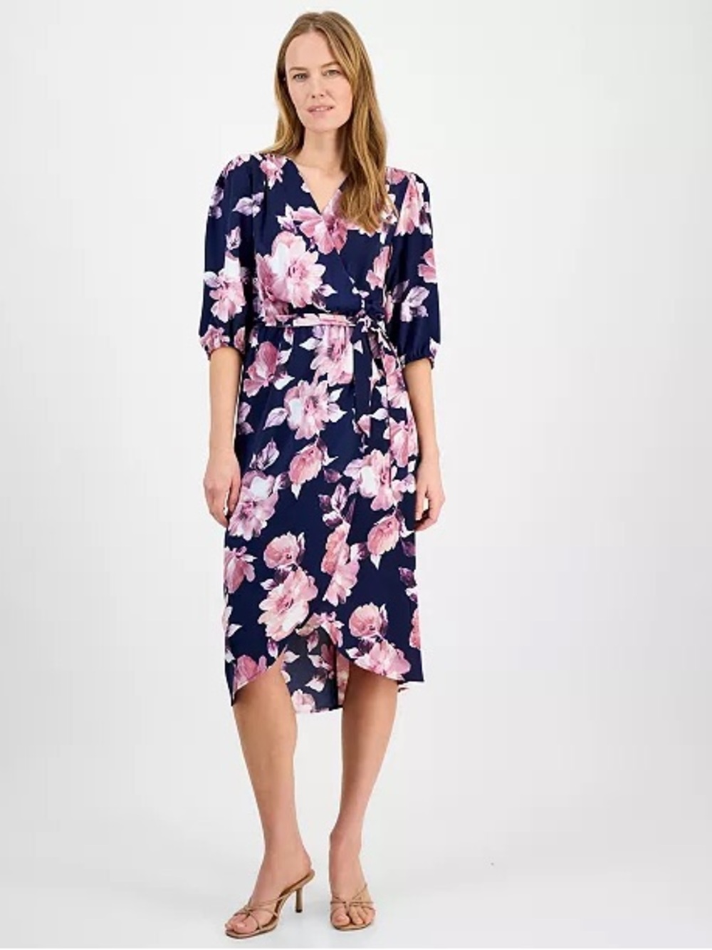 connected apparel Navy Floral Midi Wrap Dress with Pink Blossoms